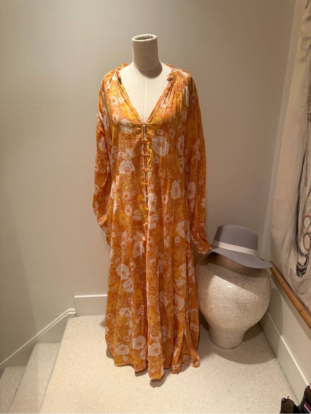 Kivari Orange Floral Long Caftan Dress